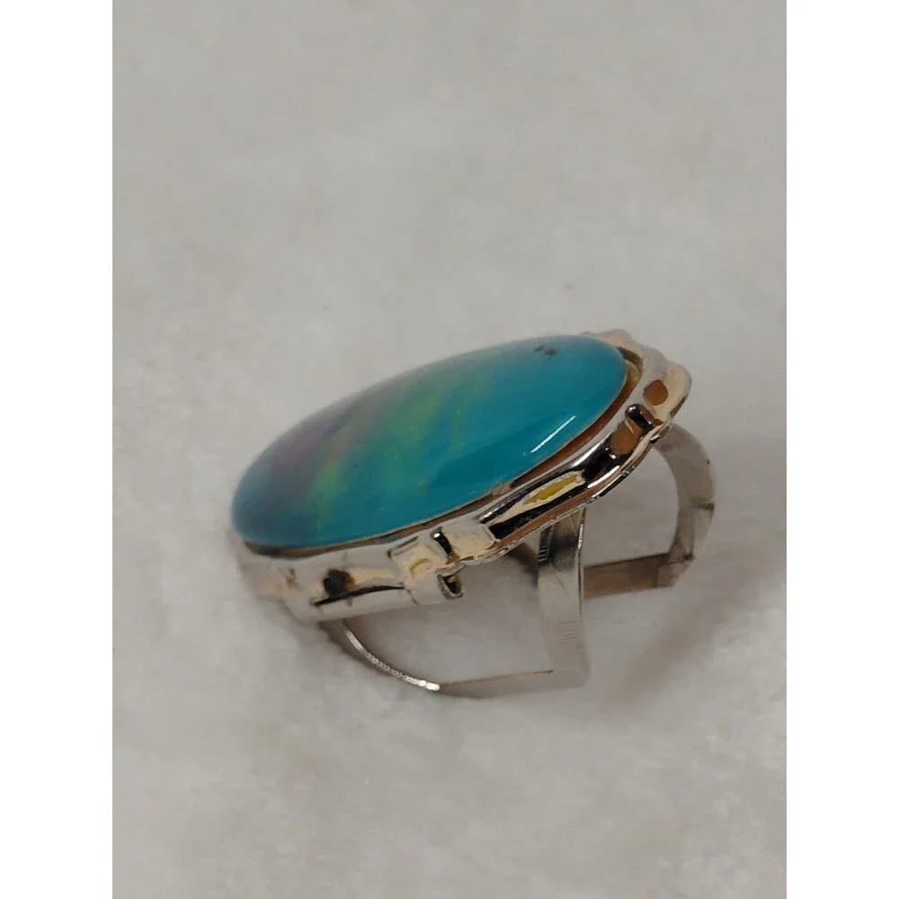 Vintage Silver Tone Faux Turquoise Compact Locket Ring Hidden Mirror Poison Boho